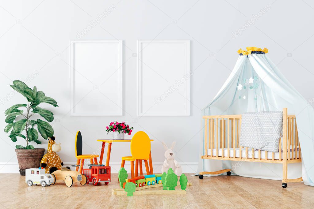 3d render of beautiful child room interior and toys