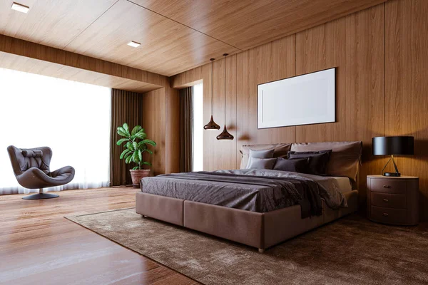 3Dレンダリングの美しいベッドルームのインテリアルーム — ストック写真