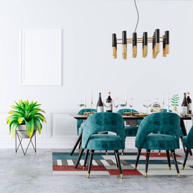 3D yemek masası kurulumlu iç dekorasyon odası