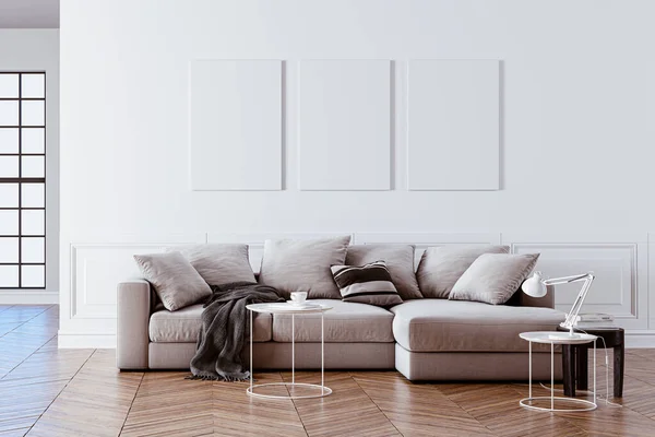 三维渲染漂亮干净的外墙与沙发 — 图库照片