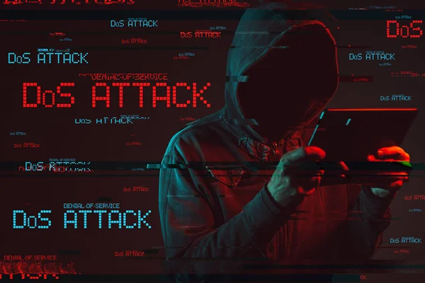 Denial Service Ddos Attack Concept Faceless Hooded Male Person Using — Stock Photo, Image