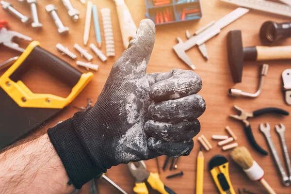 Repairman Showing Thumb Approval Hand Sign Work Desk Diy Tools — Stock Photo, Image