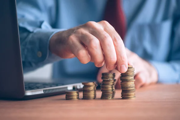 Building Savings Increase Emergency Funds Businessman Stacked Money Coins Office — Stock Photo, Image