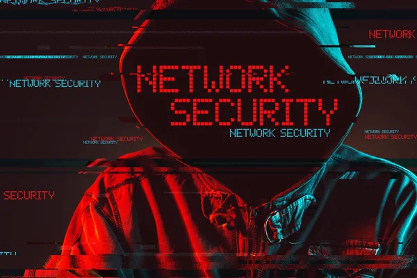 Network Security Koncept Med Ansiktslösa Hooded Manlig Person Låga Röda — Stockfoto