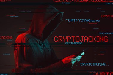 Cryptojacking scam concept with faceless hooded male person using tablet computer, low key red and blue lit image and digital glitch effect clipart