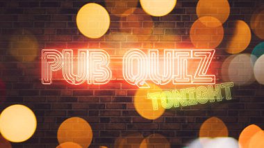 Pub Quiz neon tabela 3d render illüstrasyon tuğla duvara monte