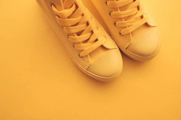 Sneaker Shoes Youth Lifestyle Concept Pastel Toned Yellow Footwear Copy — Stock Photo, Image