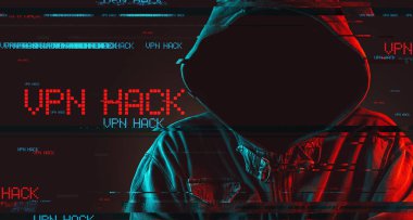 Sanal özel ağ Vpn kesmek kavramı meçhul kukuletalı erkek kişi, düşük anahtar kırmızı ve mavi ışıklı resim ve dijital aksaklık etkisi