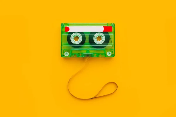 Top View Audio Cassette Tangled Tape Bright Yellow Background Copy — Stock Photo, Image