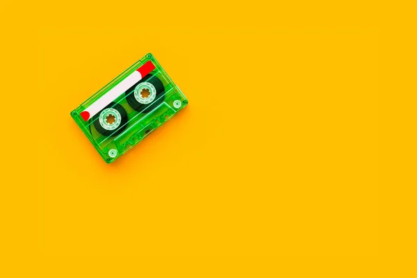 Top View Audio Cassette Bright Yellow Background Copy Space Minimalistic — Stock Photo, Image