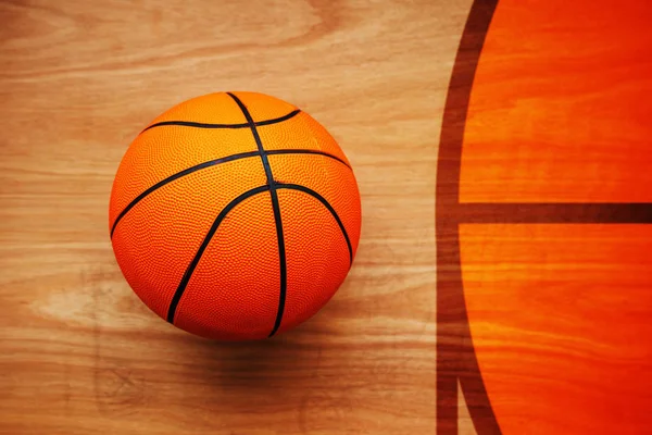 Pallone Basket Posato Sul Pavimento Del Campo Legno Duro Vista — Foto Stock