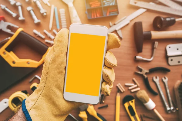 Flatlay Maintenance Handyman Smartphone App Blank Screen Repairman Holding Device — Stock Photo, Image