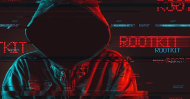 Rootkit concept with faceless hooded male person, low key red and blue lit image and digital glitch effect clipart