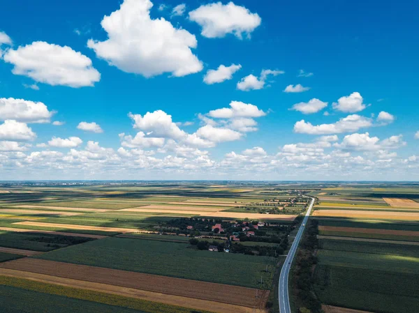 Flygfoto Över Vägen Genom Gröna Landskapet Solig Sommardag — Stockfoto