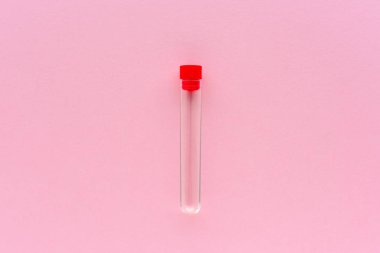 Boş Numune Tüp pembe arka plan, üstten görünüm düz üzerinde yatıyordu