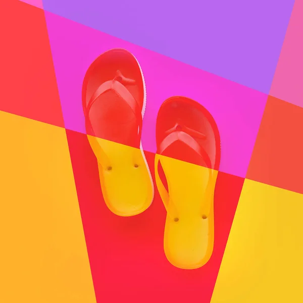翻转拖鞋与流行颜色 顶部视图平躺现代 Colorul — 图库照片