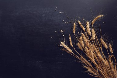 Buğday ve koyu ahşap arka plan üzerinde tahıl