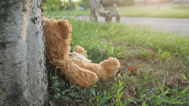 Ellendige Verlaten Teddybeer Buitenshuis Leunend Boom — Stockvideo