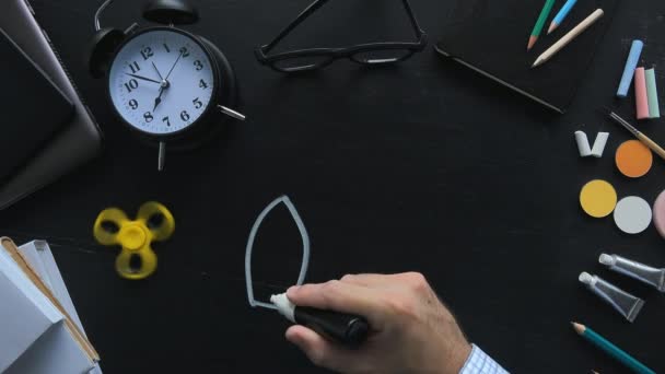 Teacher Making Space Rocket Planets Stars Doodle Drawing School Chalkboard — Stock Video