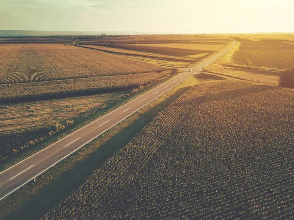 Aerial View Two Lane Freeway Road Countryside Cultivated Field Corn — Stock Photo, Image