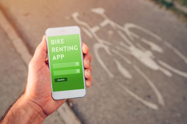 Kerékpárbérlés App Részére Mozgatható Berendezés Smartphone Val Képernyő Mock Férfi — Stock Fotó