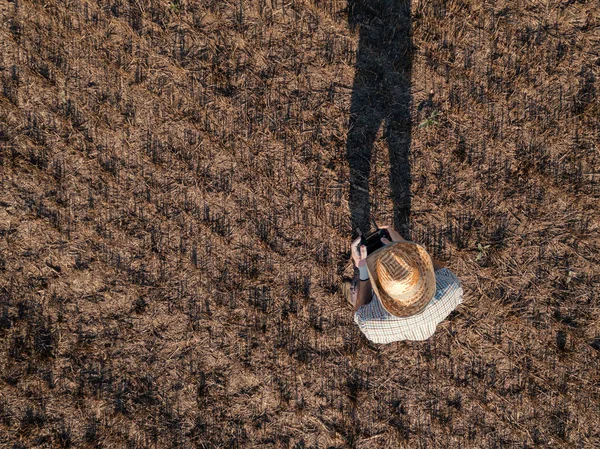 Pohled Shora Mužské Zemědělce Létající Dron Dálkovým Ovládáním Sklizené Pšeničné — Stock fotografie