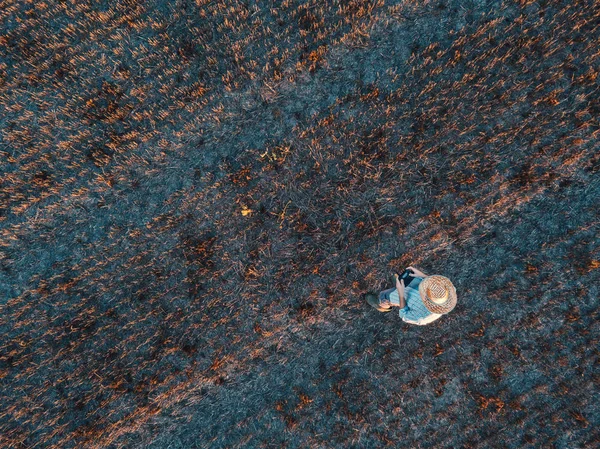 Вид Зверху Чоловічого Фермера Літає Безпілотник Дистанційним Керуванням Збиральному Полі — стокове фото