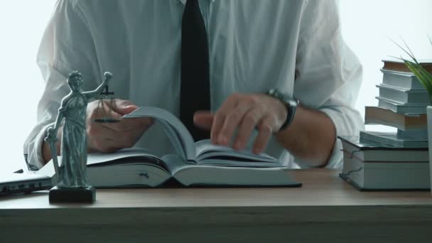 Адвокат Який Працює Офісі Читає Юридичні Книги Шукає Інформацію — стокове відео