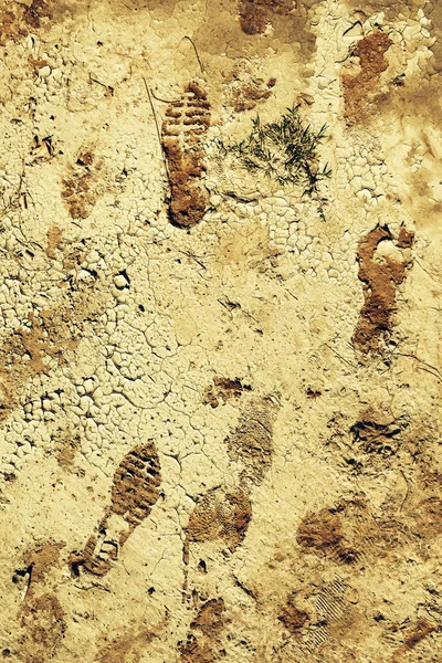 İnsan izi veya kuru mudcrack zemin yüzeyi ayak izi