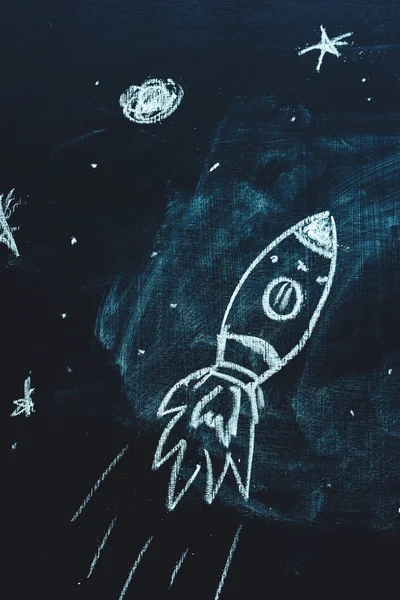 Space Rocket Planets Stars Doodle Drawing School Chalkboard — Stock Photo, Image