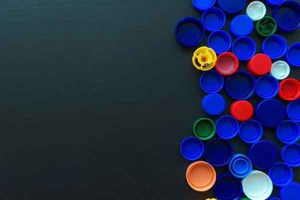 Recycled Plastic Bottle Caps Various Colors Top View — Stock Photo, Image