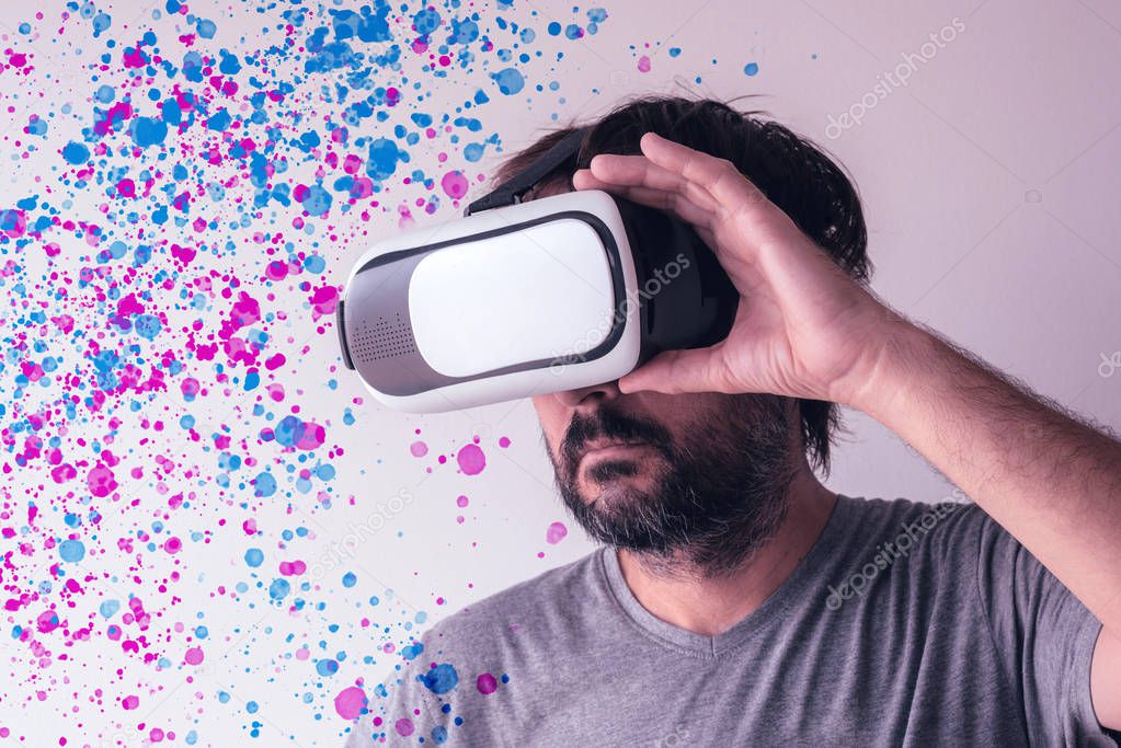 Virtual reality immersion, man wearing VR headset