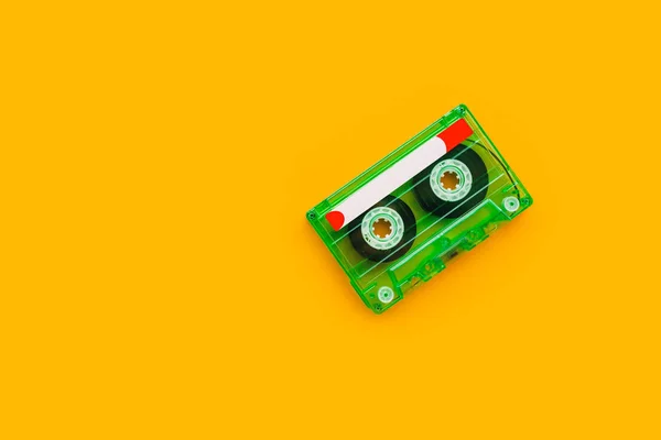 Top View Audio Cassette Bright Yellow Background Copy Space Minimalistic — Stock Photo, Image