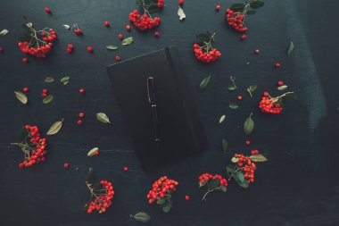 Karanlık ofis masası vahşi berry meyve düzenleme ile dekore edilmiş kapalı siyah moleskin defter düz yatıyordu