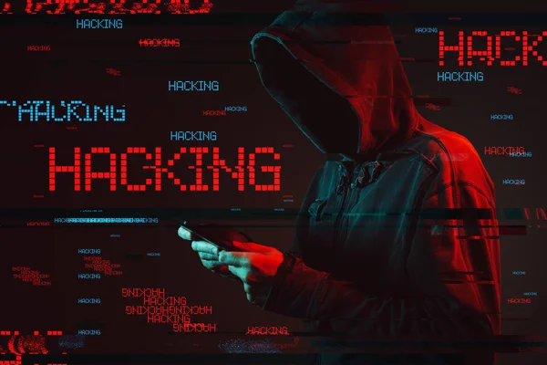 Conceito Hacking Computador Com Pessoa Masculina Encapuzada Sem Rosto Usando — Fotografia de Stock