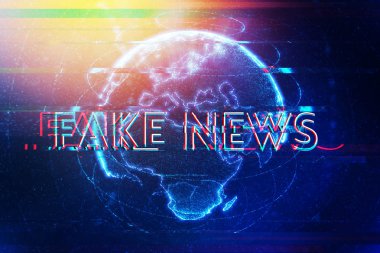 Fake news modern digital era, conceptual illustration with text overlaying globe clipart