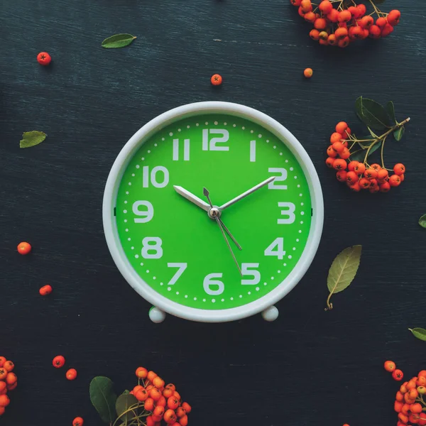 Plastic green clock on dark background, flat lay