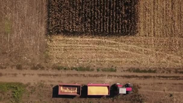 Luchtfoto Van Agrarische Trekker Met Lading Karren Veld Geladen Met — Stockvideo