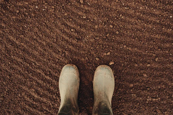 Top View Farmer Rubber Boots Standing Ploughed Arable Land Copy — Stock Photo, Image