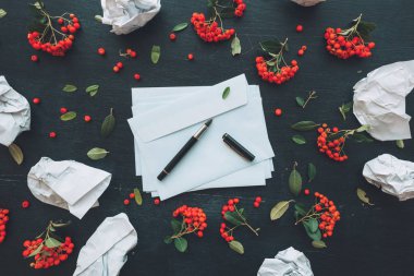 Sahte kopya yer açmak vahşi berry meyve düzenleme ile süslenmiş karanlık masaüstü arka planı düz yatıyordu beyaz boş zarf ve kalem