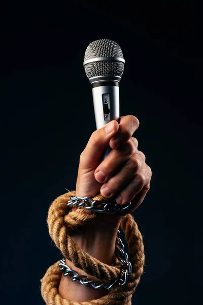 Freedom Press Journalism Conceptual Image Microphone Male Hand Tied Chains — Stock Photo, Image