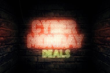 Cyber Pazartesi neon tabela, 3d render illüstrasyon dağıtmak.