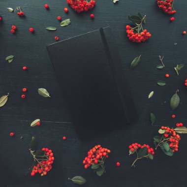 Karanlık ofis masası vahşi berry meyve düzenleme ile dekore edilmiş kapalı siyah moleskin defter düz yatıyordu