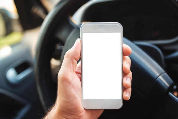 Usando Teléfono Inteligente Coche Burlan Pantalla Blanco Del Dispositivo Teléfono — Foto de Stock