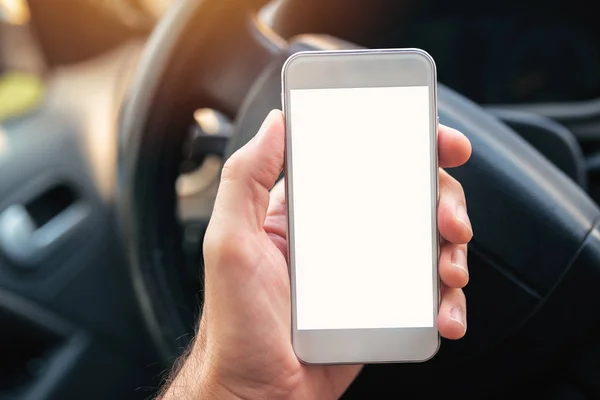 Usando Teléfono Inteligente Coche Burlan Pantalla Blanco Del Dispositivo Teléfono — Foto de Stock