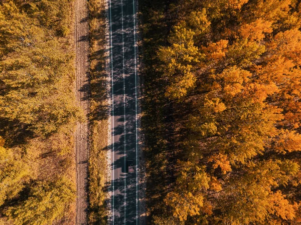 Antenni Näkymä Auton Tiellä Metsän Läpi Syksyllä Drone Näkökulmasta Suoraan — kuvapankkivalokuva