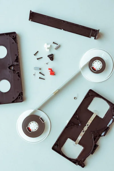 Flat Lay Vhs Video Cassette Parts Pastel Blue Background Top — Stock Photo, Image