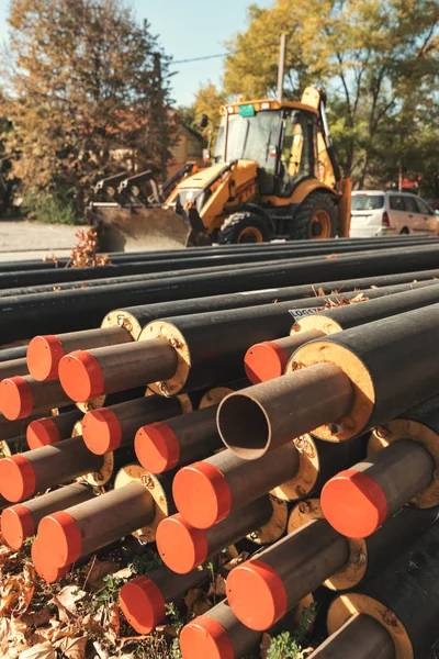 Mantenimiento Reparación Tuberías Agua Con Vehículo Construcción Segundo Plano — Foto de Stock