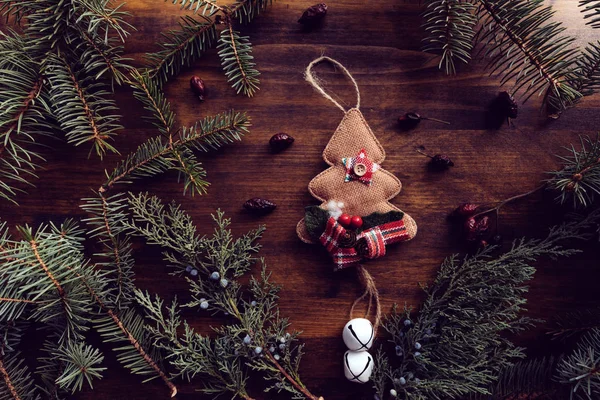Kerstboom Jute Decoratie Plat Leggen Bovenaanzicht — Stockfoto