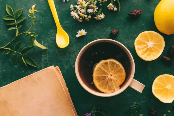 Bitkisel Ilaç Düz Üstten Görünüm Sıcak Kuşburnu Çay Dilim Limon — Stok fotoğraf